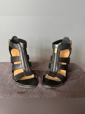 Black Leather Zip Front Women's Sandals